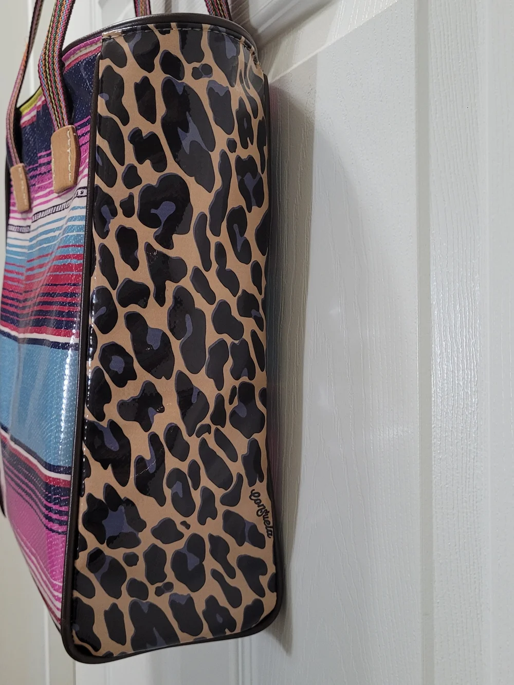 CONSUELA Striped Pink & Blue Tote Bag with Leopard Side Panel
